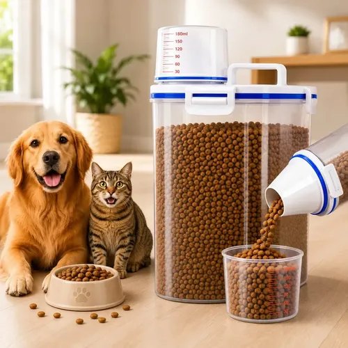 Pote Porta Ração Cachorro Gato Cães Pet Dispenser Hermético com Copo Medidor Dosador Tampa Vedação Container Transparente Capacidade 2kg Laleli